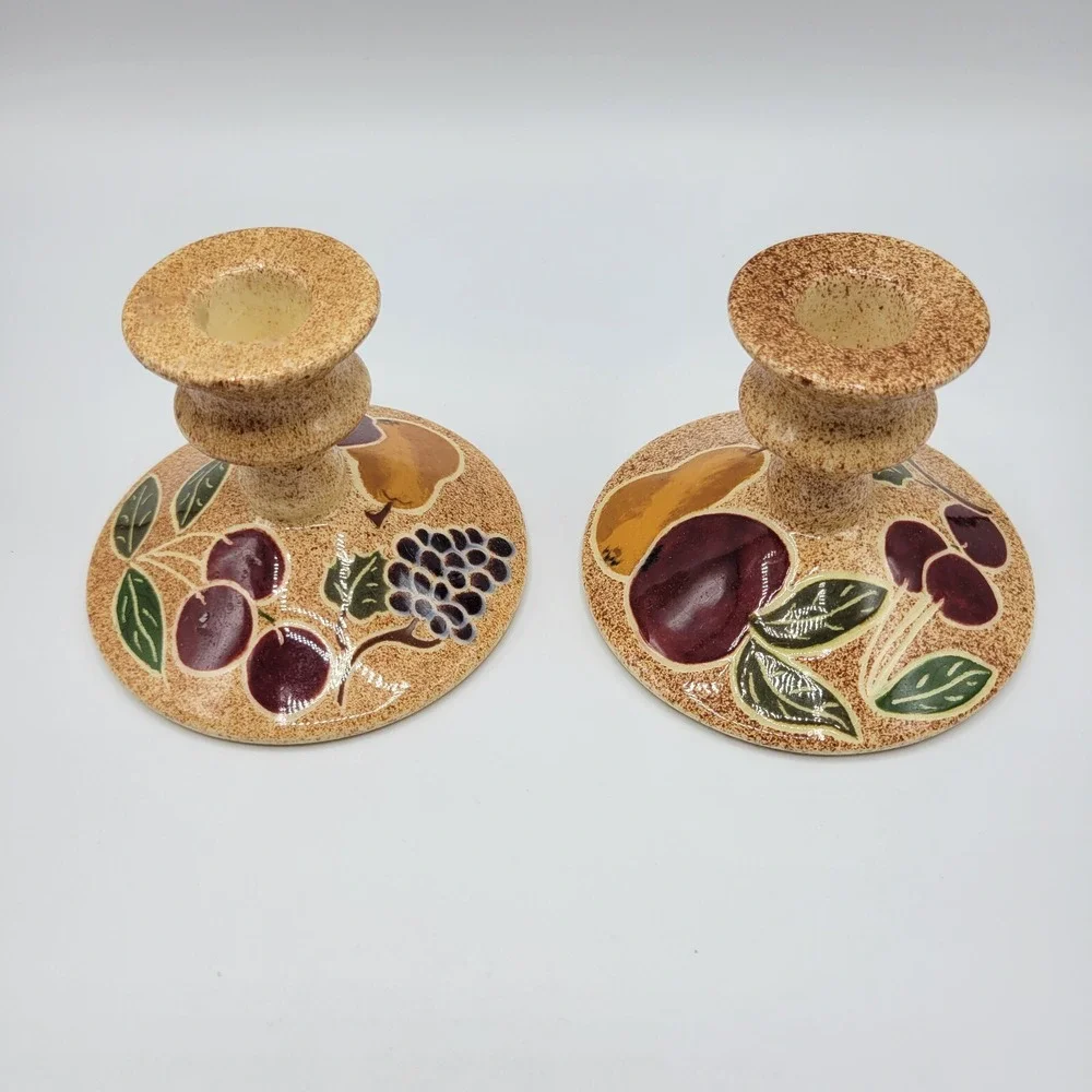 Folk Art Glazed Pottery Pair Candle Stick Holders Signed ARTIA Cherries Fruits